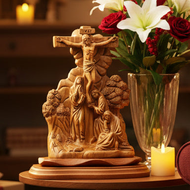 Crucification of Christ with Saints and Mary, 11" Wooden Sculpture