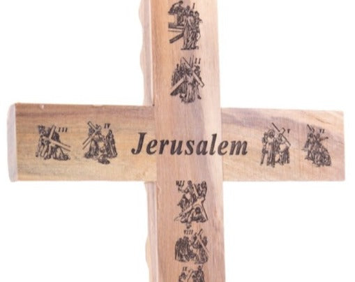 Olive wood crucifix hand carved in Bethlehem, 13 inch top angle showing detail of the craftsmanship