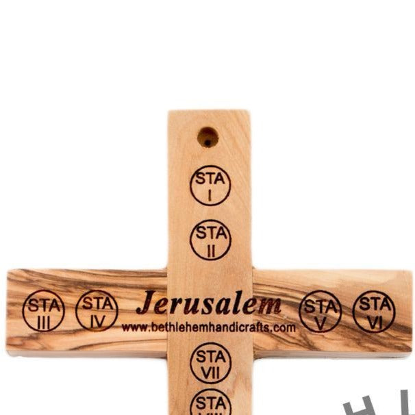 Olive Wood Crucifix with 14 Stations of the Cross Engraved Back Made Holy Land Christians Catholic Gift Home Jerusalem