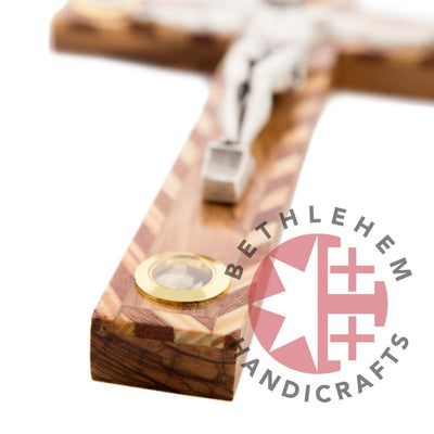 Olive Wood Crucifix with Striped Mahogany and Clear Pine + 5 Holy Essences Capsules from Holy Land