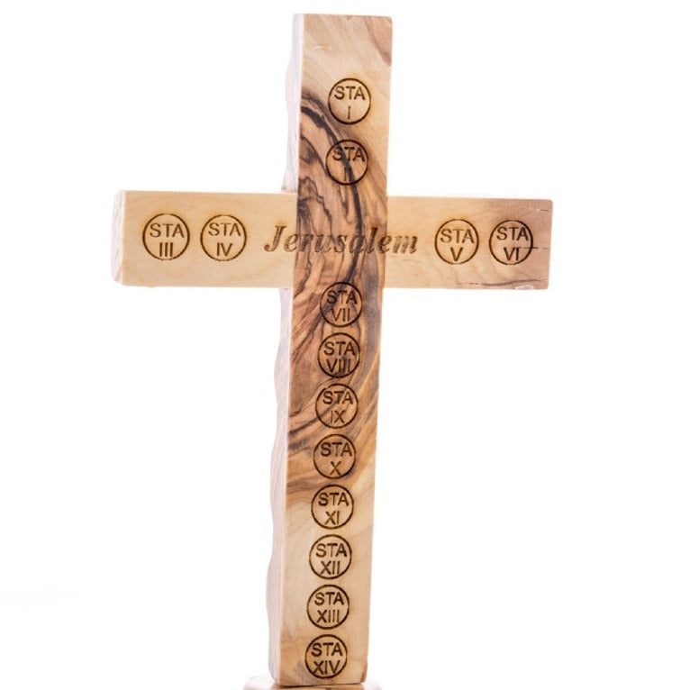 Olive Wood Crucifix with the Fourteen Stations of the Cross Engraved Back Made Holy Land Christians Catholic Gift Home Jerusalem