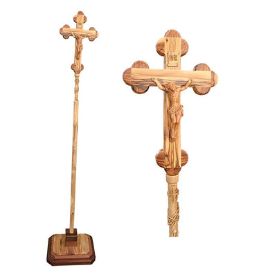 Processional Catholic Church Crucifix, Olive Wood Hand Carved