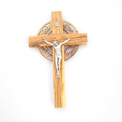 Olive Wood Wall Crucifix with God Bless Our Home and Silver Jesus Christ Corpus 