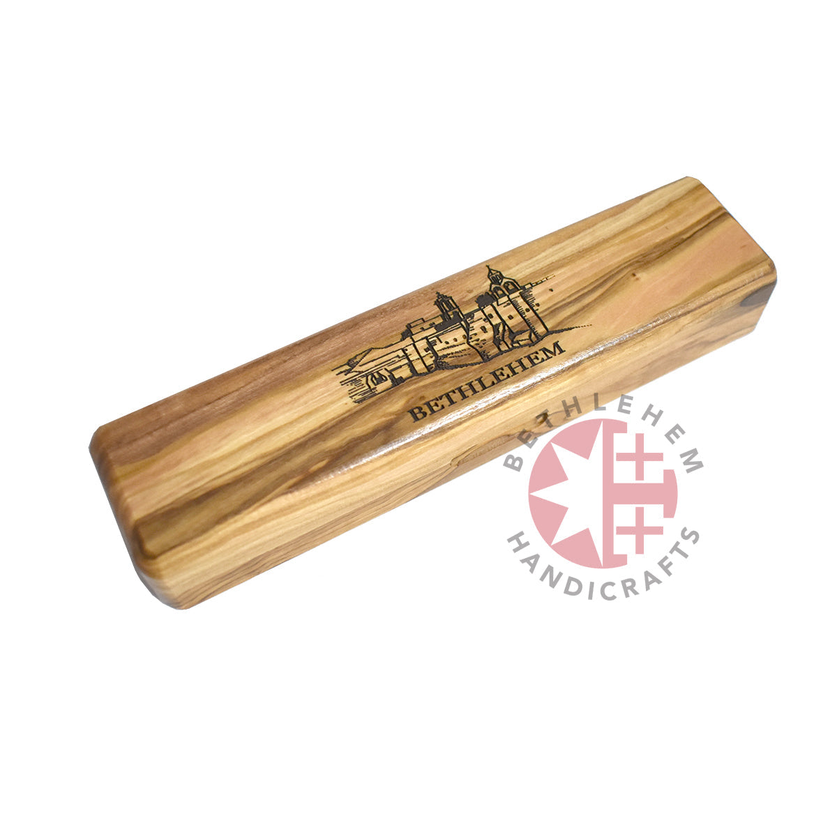 Pen Case Holder Engraved "City of Bethlehem", Handmade from Holy Land Olive Wood