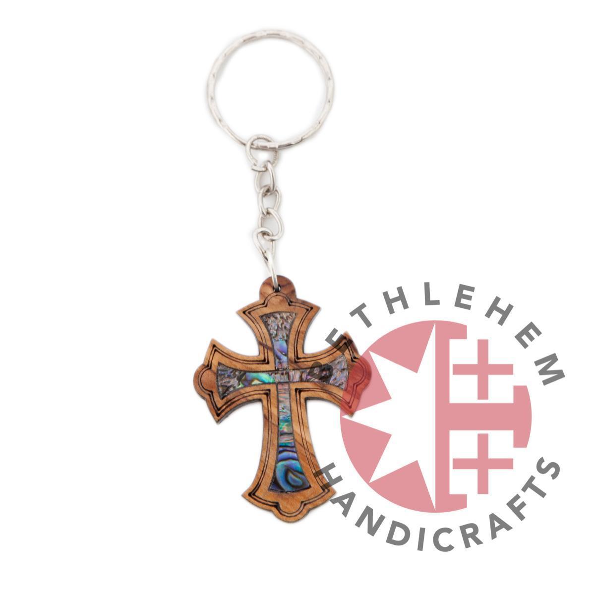 Mother of Pearl Cross Christian Keychain, Olive Wood from Bethlehem