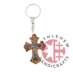 Mother of Pearl Cross Christian Keychain, Olive Wood from Bethlehem