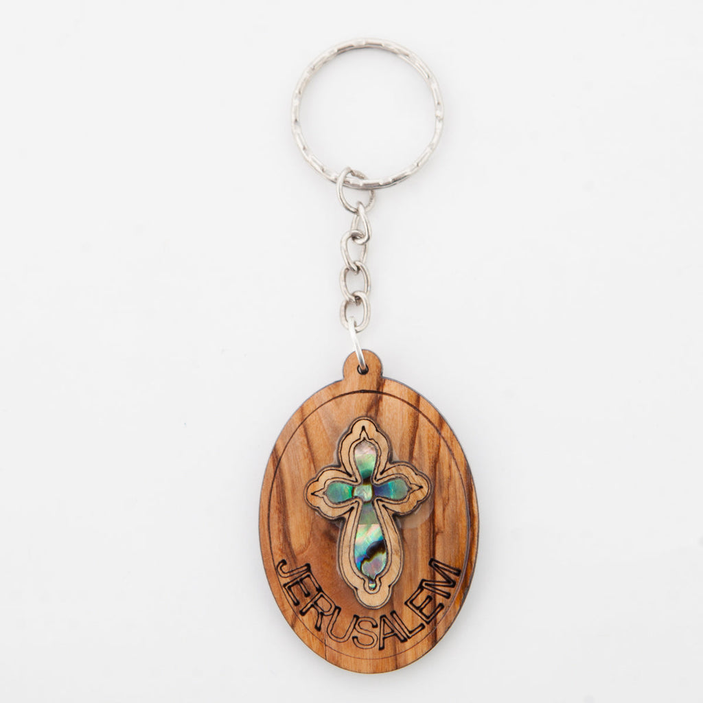 Cross Made with Mother of Pearl, Christian Keychain, Olive Wood from Bethlehem