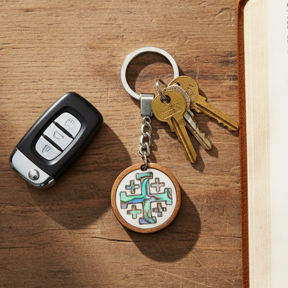 Mother of Pearl Jerusalem Cross Christian Keychain, Wood from Bethlehem