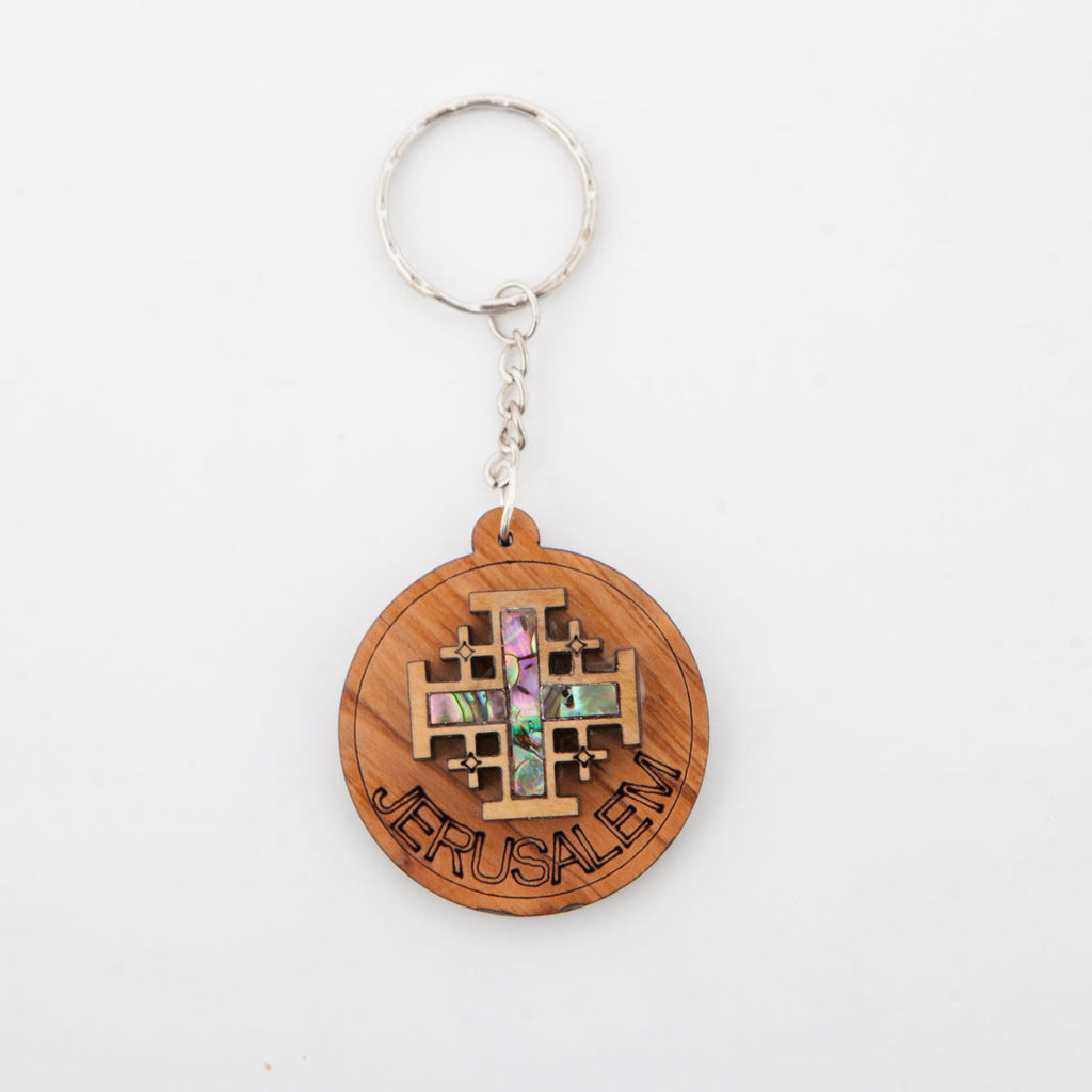 Jerusalem Cross mother of pearl religious gift from Bethlehem, side angle of the olive wood sculpture