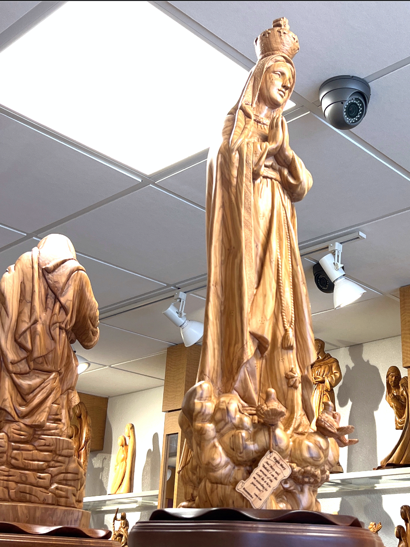 Rare "Our Lady Of Fatima" Virgin Mary Carved Masterpiece, 36.5" Statue, Olive Wood from Holy Land
