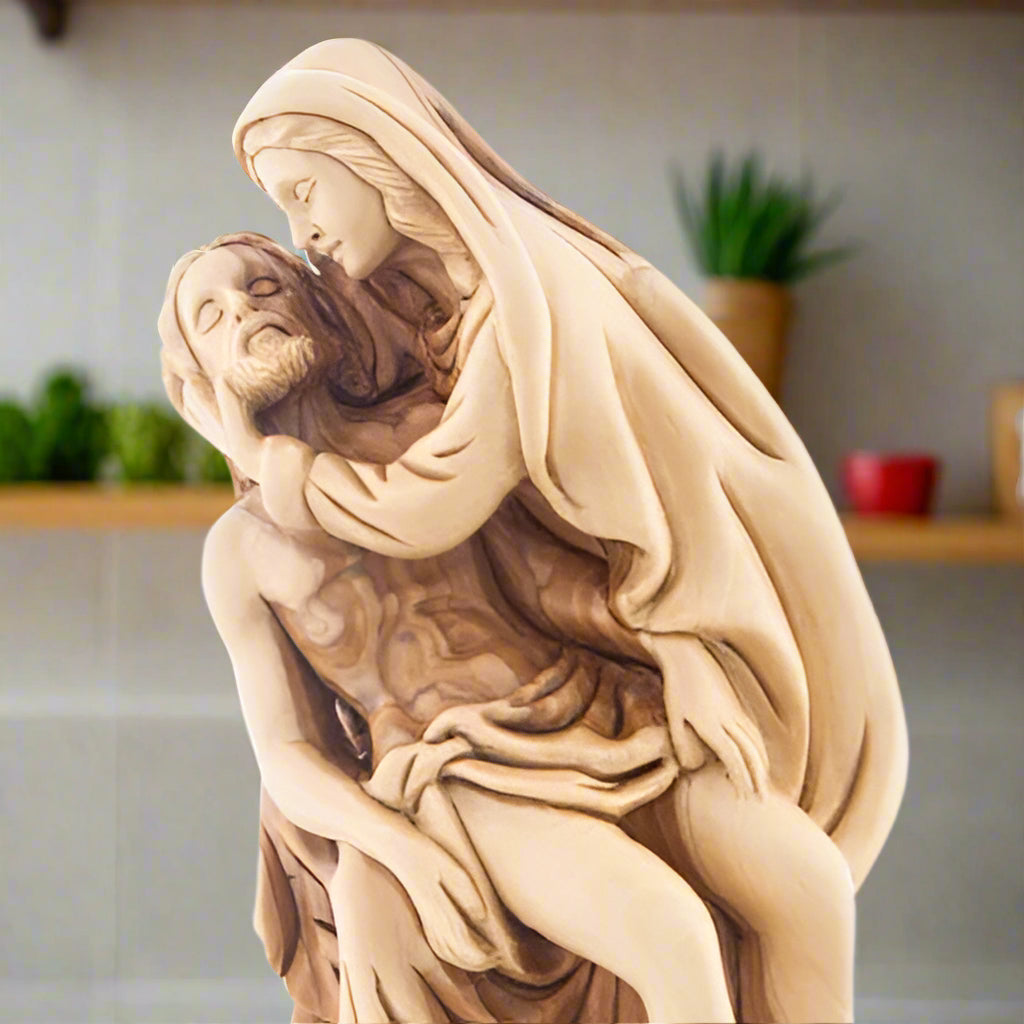 Hand Carved Olive Wood Contemplative Pieta Statue - Statuettes - Bethlehem Handicrafts