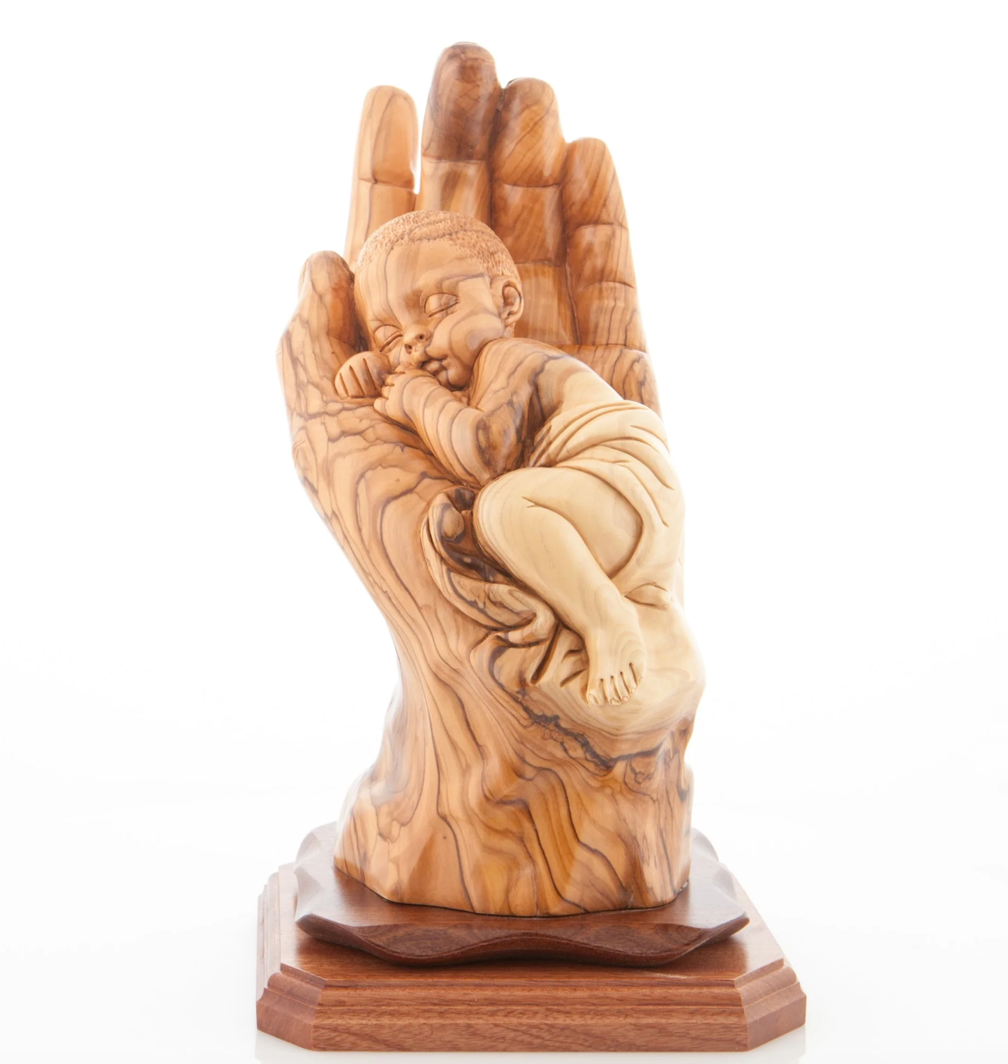"Protected by the Hand of God” Sculpture 8.5 Inches Tall, Made from Holy Land Olive Wood