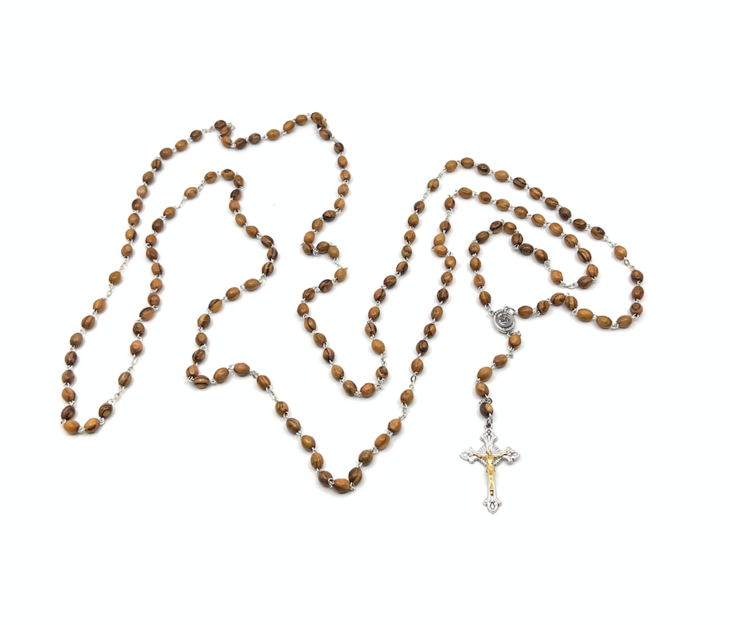 15 decade Rosary Olive Wood Beads fifteen with Golden Corpus Soil from Holy Land