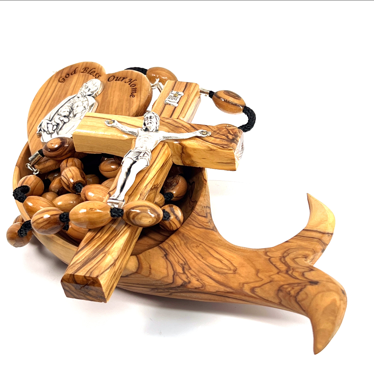 Olive wood crucifix hand carved in Bethlehem, 46 inch close detail of the hand carved work