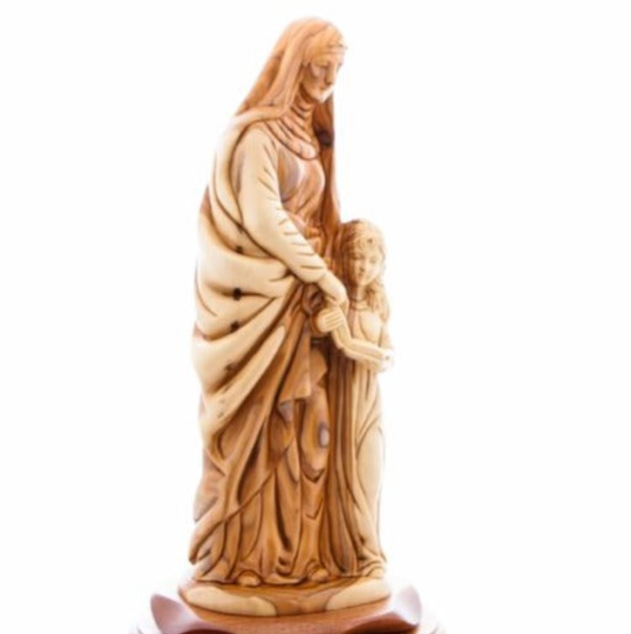 Good Saint Anne with Young Virgin Mary Hand Carved Olive Wood Statue From Holy Land