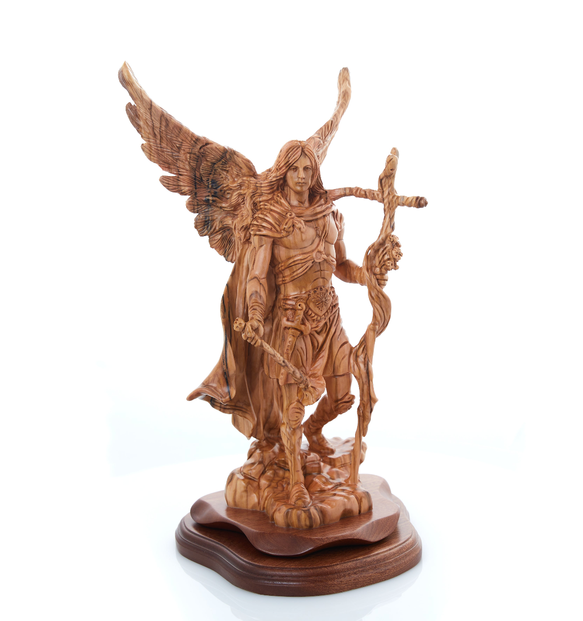 Saint Gabriel the Archangel Masterpiece, with Large Cross and Spike 15 Inches Tall, Olive Wood Carved  Sculpture Statue from Olive Wood Grown in the Holy Land