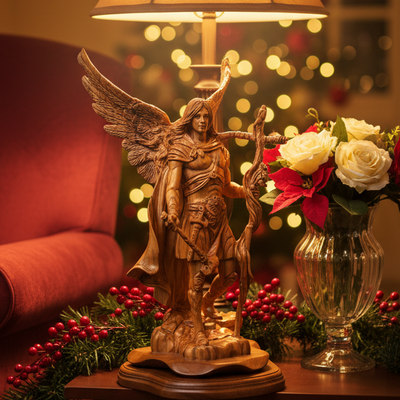 Saint Gabriel the Archangel Masterpiece, with Large Cross and Spike 15 Inches Tall, Olive Wood Carved  Sculpture Statue from Olive Wood Grown in the Holy Land