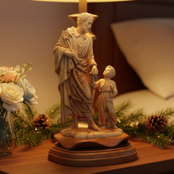 Saint Joseph with Child Jesus Christ Walking, 9.8" Carving from Holy Land Olive Wood