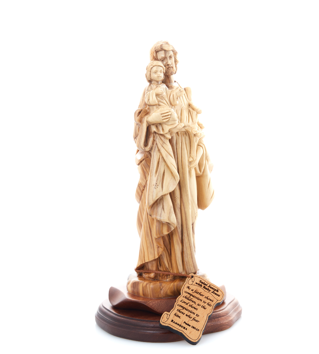 St. Joseph Carved Statue from Holy Land Olive Wood, 11"