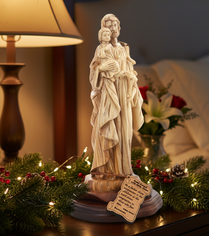 Carved wooden statue of Saint Joseph holding the baby Jesus, placed on a wooden base with a plaque in front.