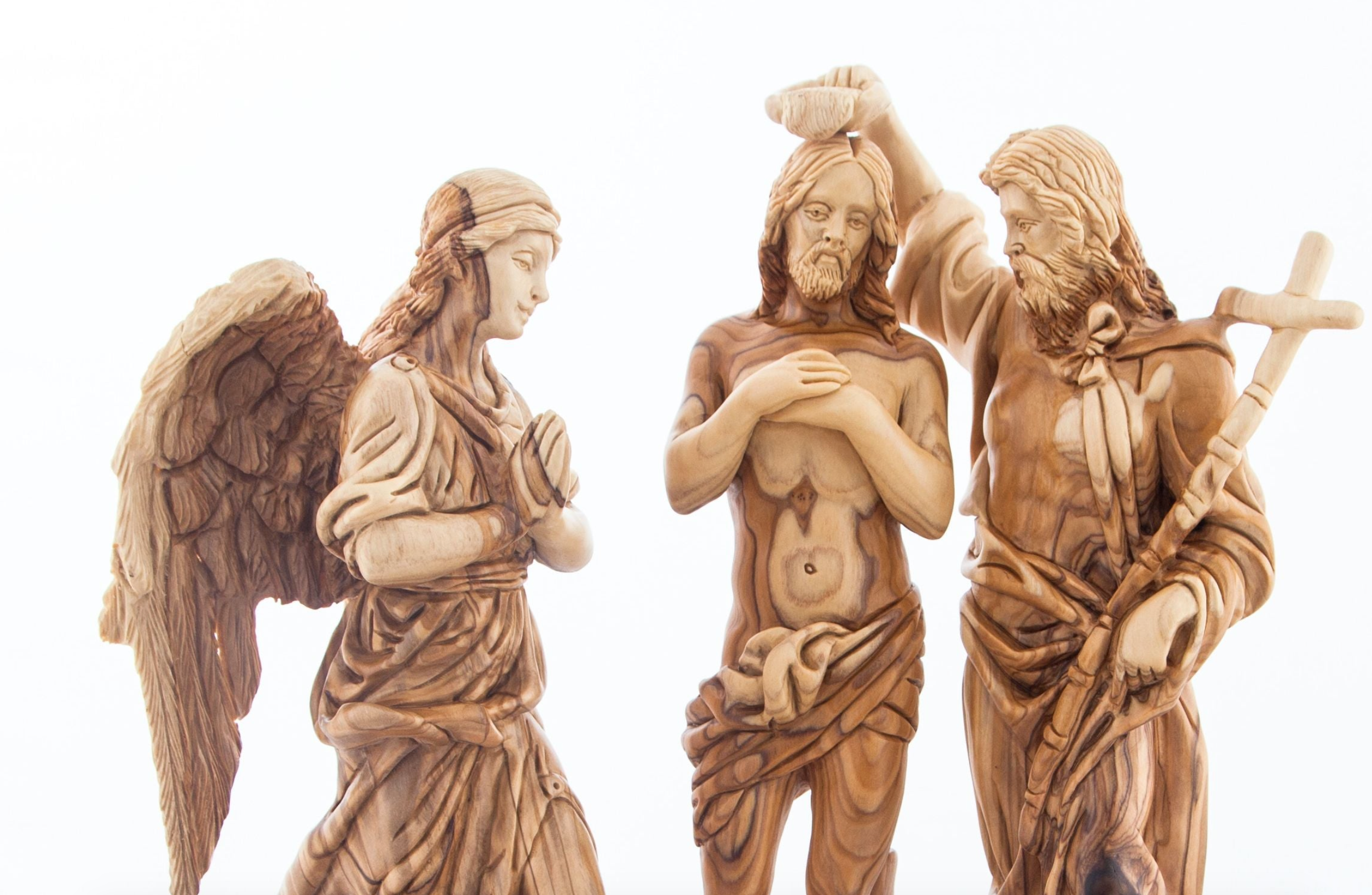 Jesus Christ "Baptism by Saint John" with Angel Sculpture, 11.4" Holy Land Carving from Olive Wood