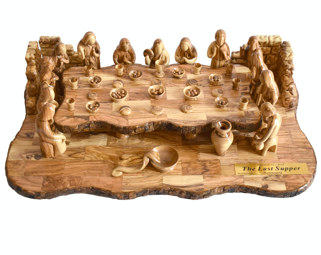 Last Supper olive wood statue hand carved in Bethlehem, 25.8 inch side angle of the olive wood sculpture