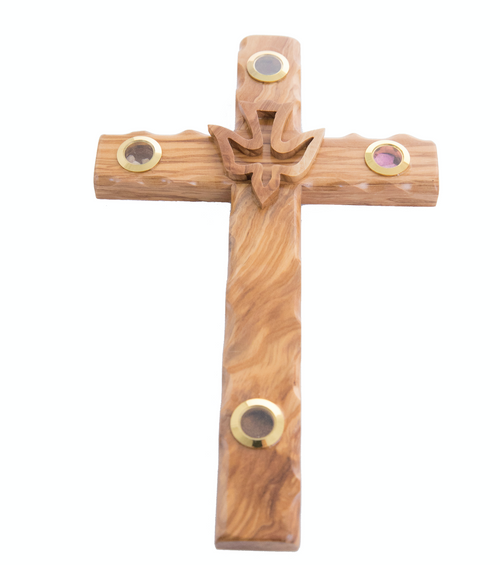 Holy Spirit olive wood wall cross from Bethlehem, 9.8 inch side angle of the olive wood sculpture