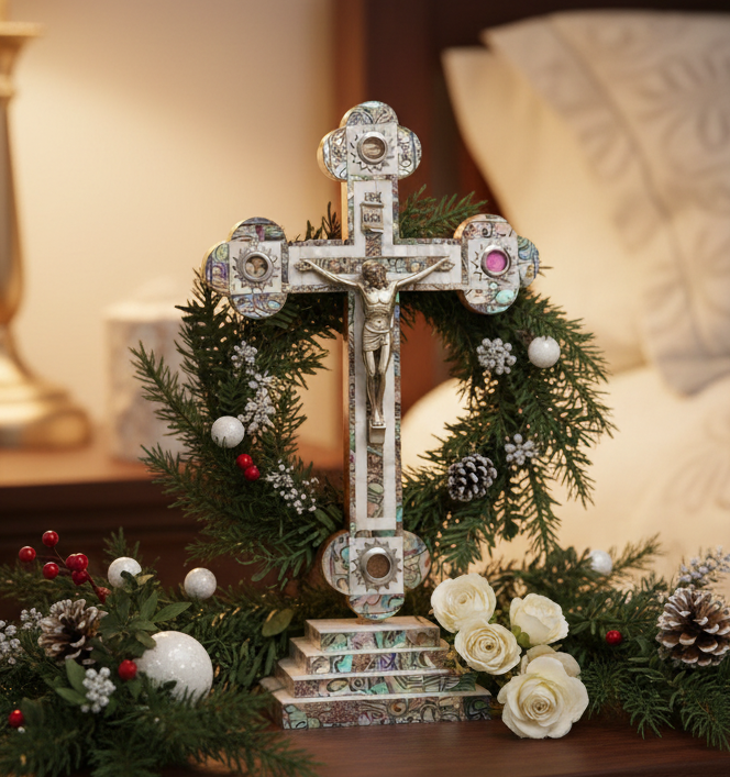 Standing Crucifix, 15.5" with 2.5" Base, Budded, Holy Land Olive Wood and Mother of Pearl with 5 souvenirs