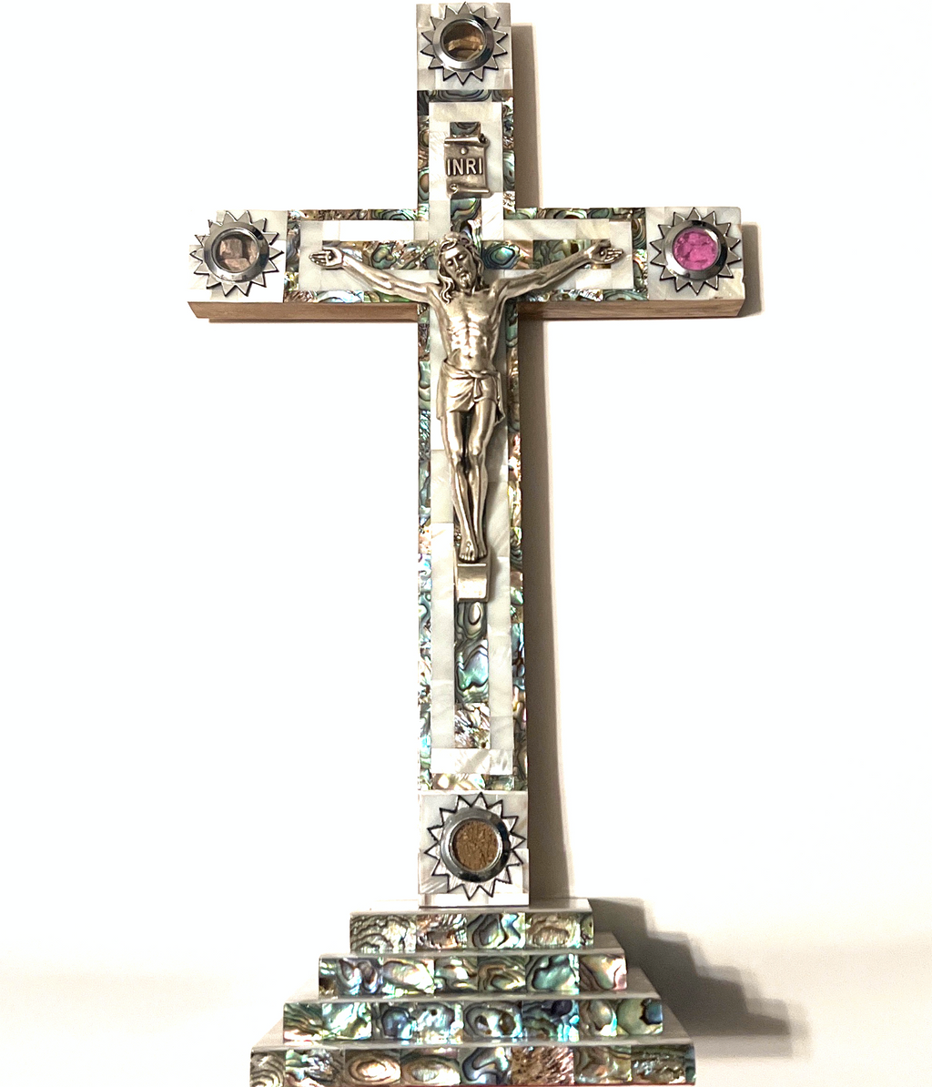 Standing Crucifix, 13.5" with 2.5" Base, Holy Land Olive Wood and Mother of Pearl, with 5 souvenirs