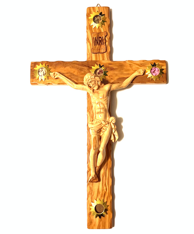 19" Crucifix and Corpus Hand Carved Olive Wood with 5 souvenirs from the Holy Land