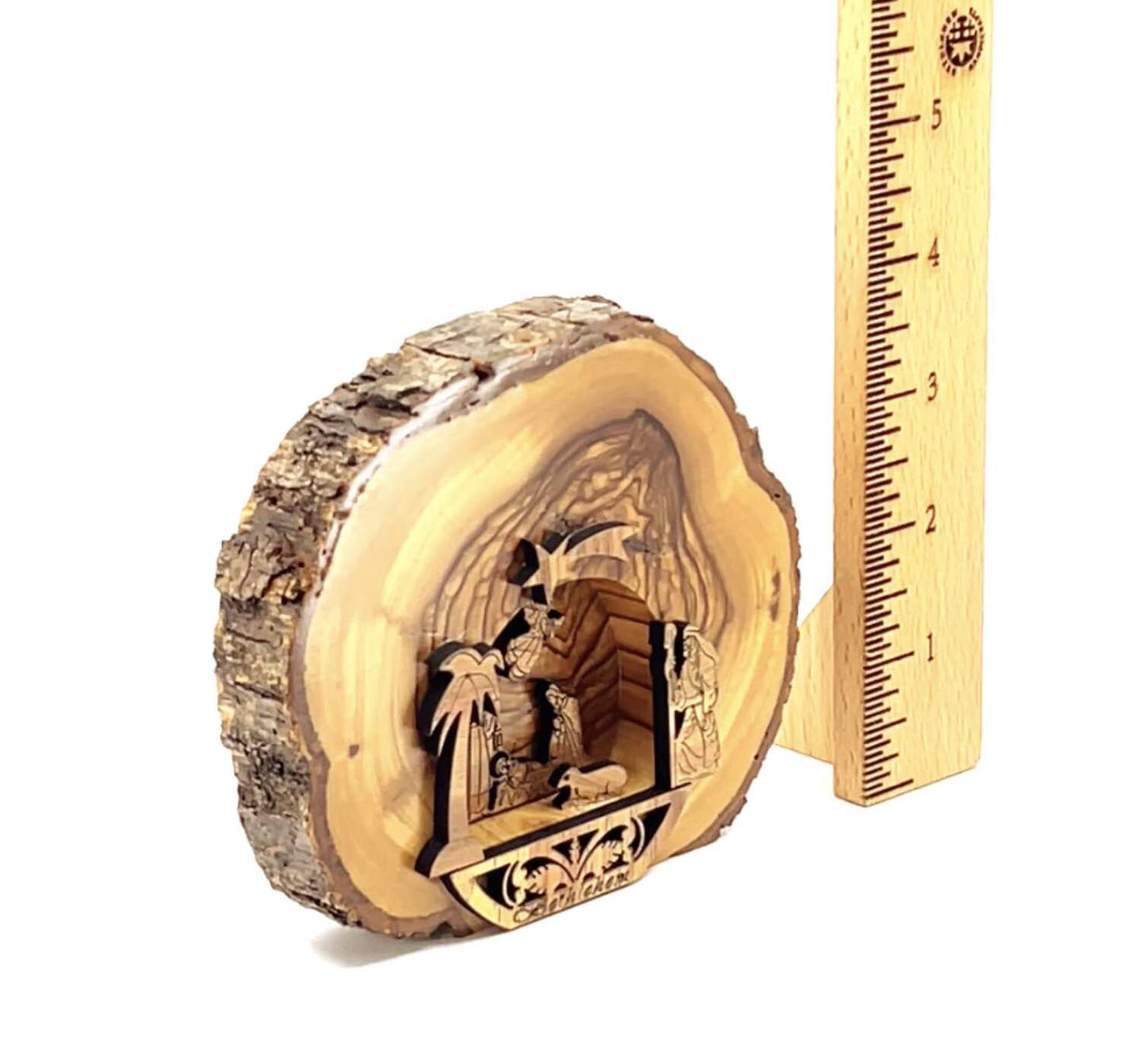Nativity Scene with Natural Bark, Smooth and Polished, 4" Olive Wood from Bethlehem