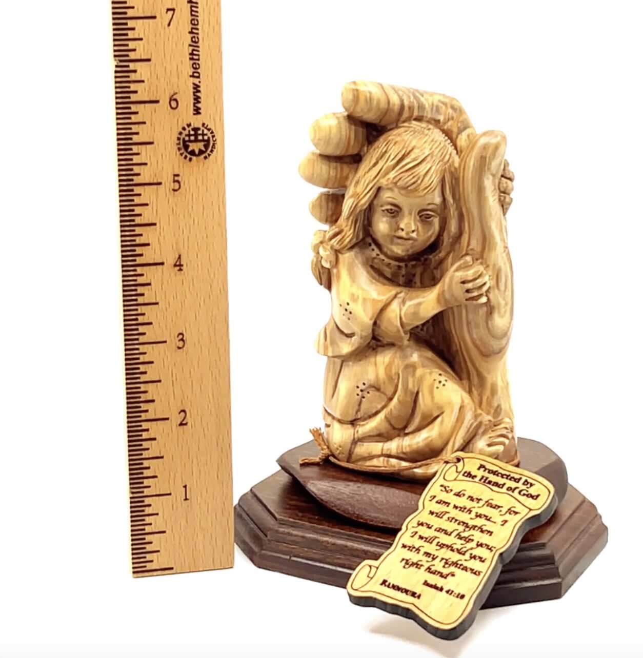 Baby Girl Protected by the Hand of God, 6.5" Olive Wood Carving