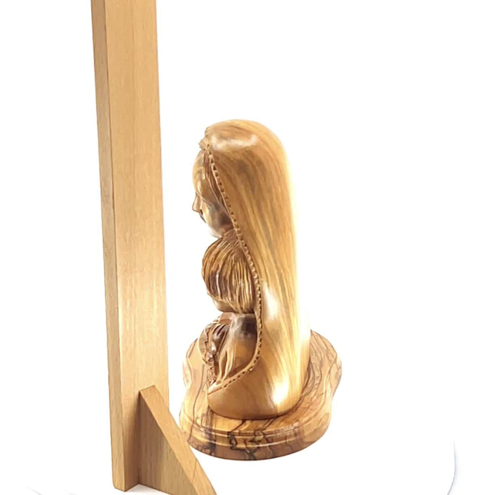 Virgin Mary olive wood statue from Bethlehem hand carved, 6.5 inch back view of the olive wood sculpture