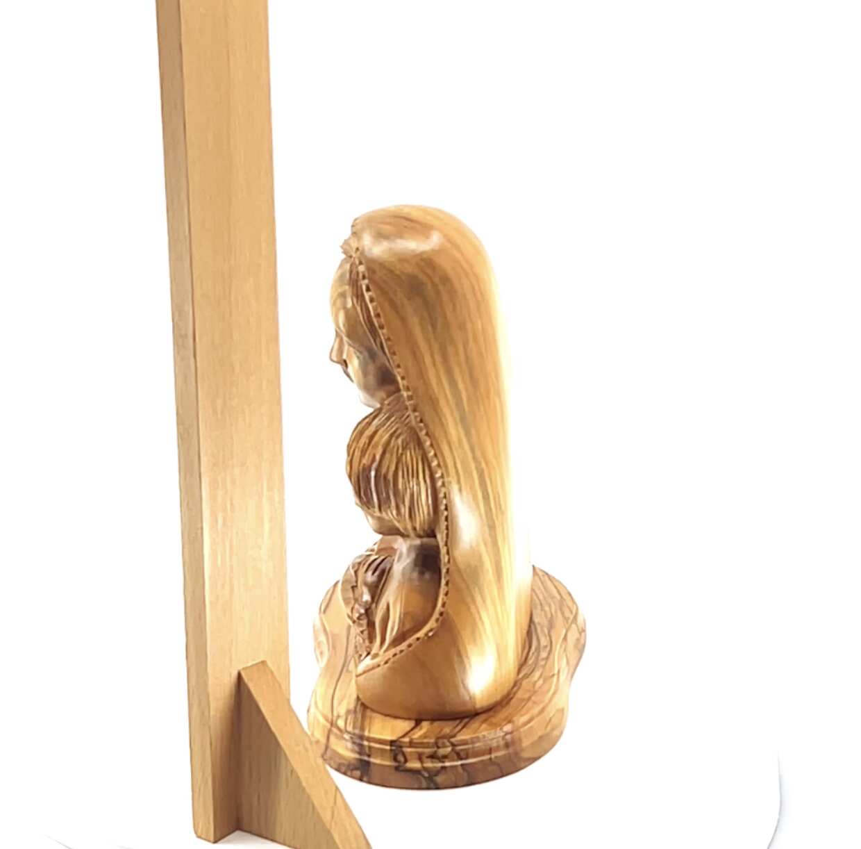 Virgin Mary olive wood statue from Bethlehem hand carved, 6.5 inch back view of the olive wood sculpture