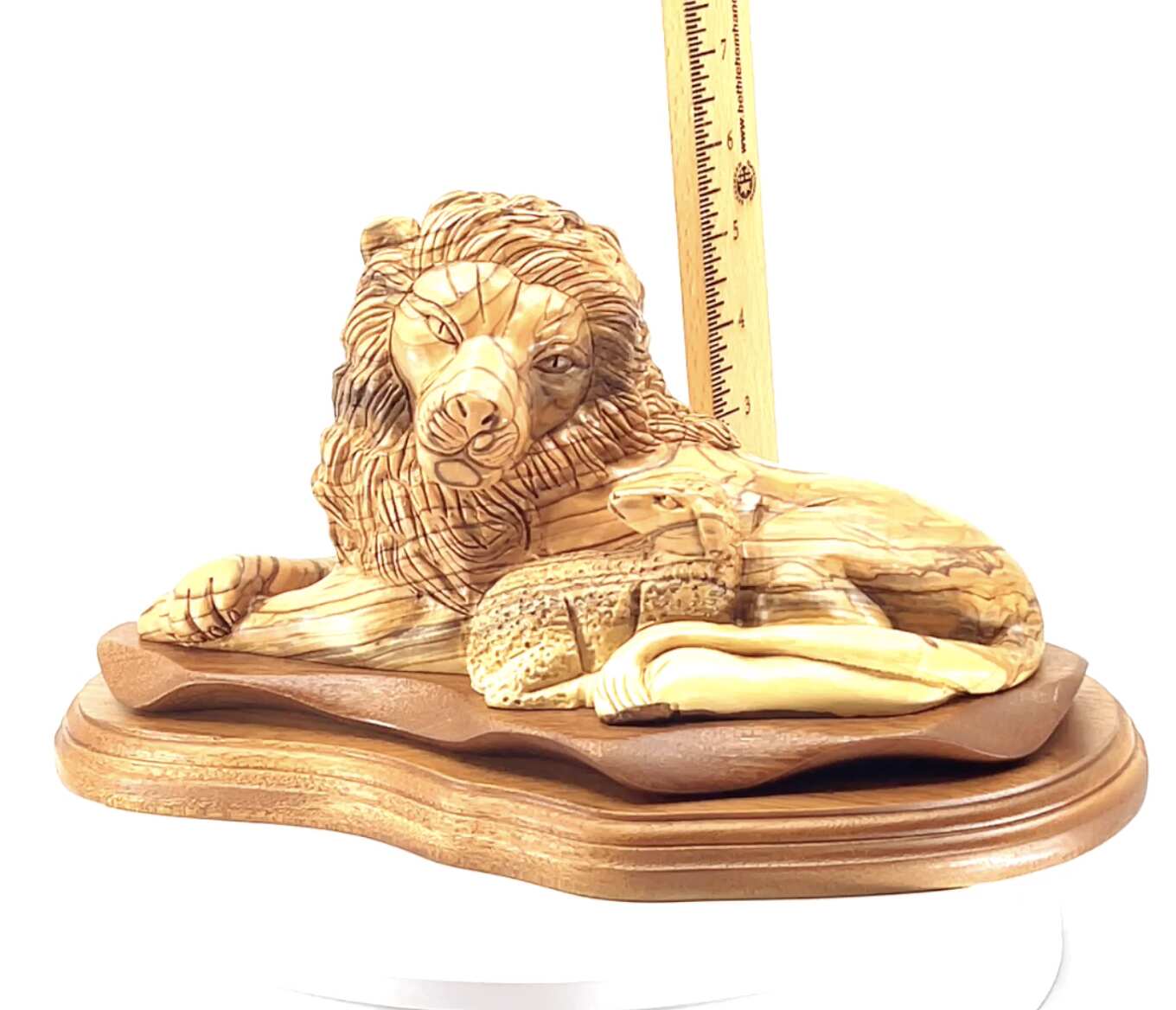 Lion with Lamb Carved Sculpture, 11.6" Olive Wood from Holy Land