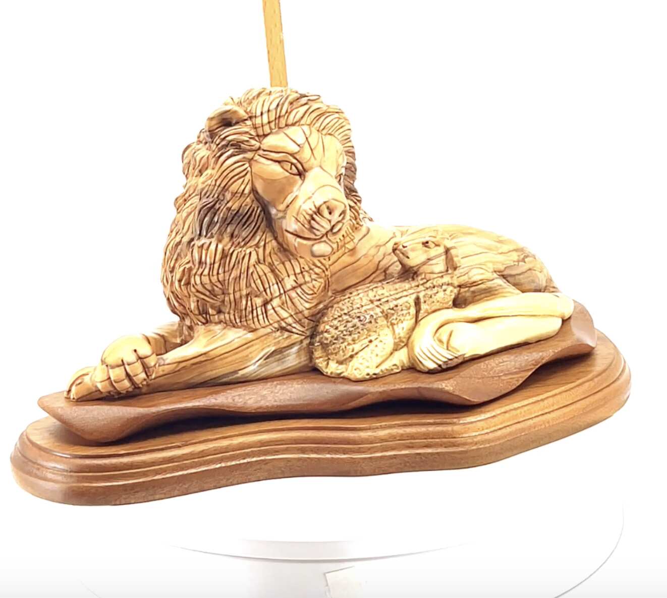 Lion with Lamb Carved Sculpture, 11.6" Olive Wood from Holy Land