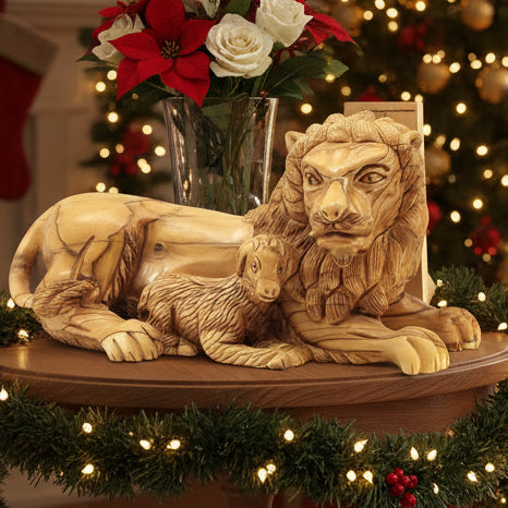 Lion with Lamb Carving, 7.9" Long Olive Wood from Holy Land