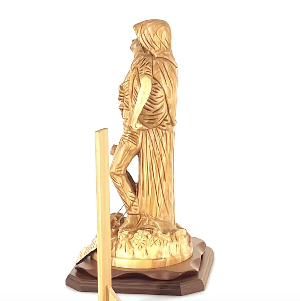 Jesus Christ statue hand carved from Bethlehem olive wood, 19.3 inch back view of the olive wood sculpture