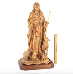 Good Shepherd statue hand carved from Bethlehem olive wood, 26 inch side angle of the olive wood sculpture