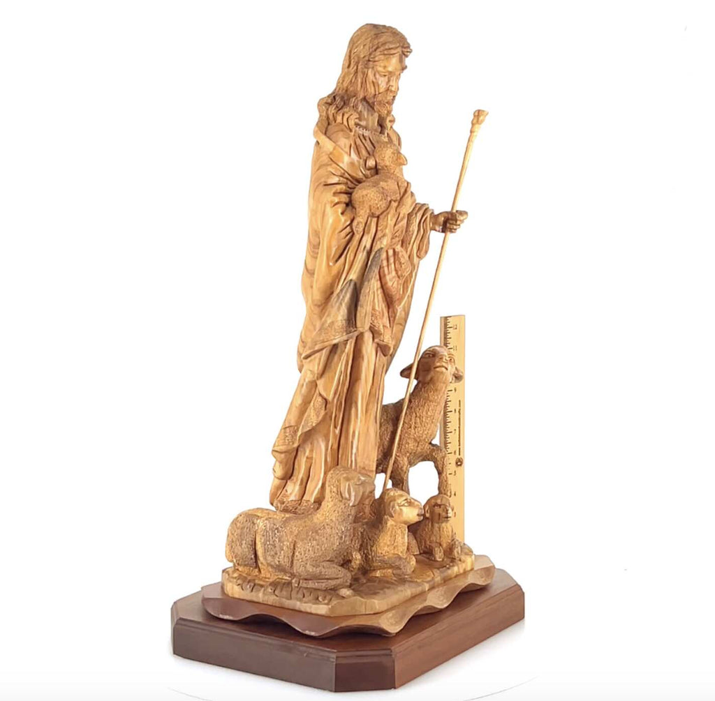 Good Shepherd statue hand carved from Bethlehem olive wood, 26 inch close detail of the hand carved work