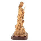 Good Shepherd statue hand carved from Bethlehem olive wood, 26 inch back view of the olive wood sculpture