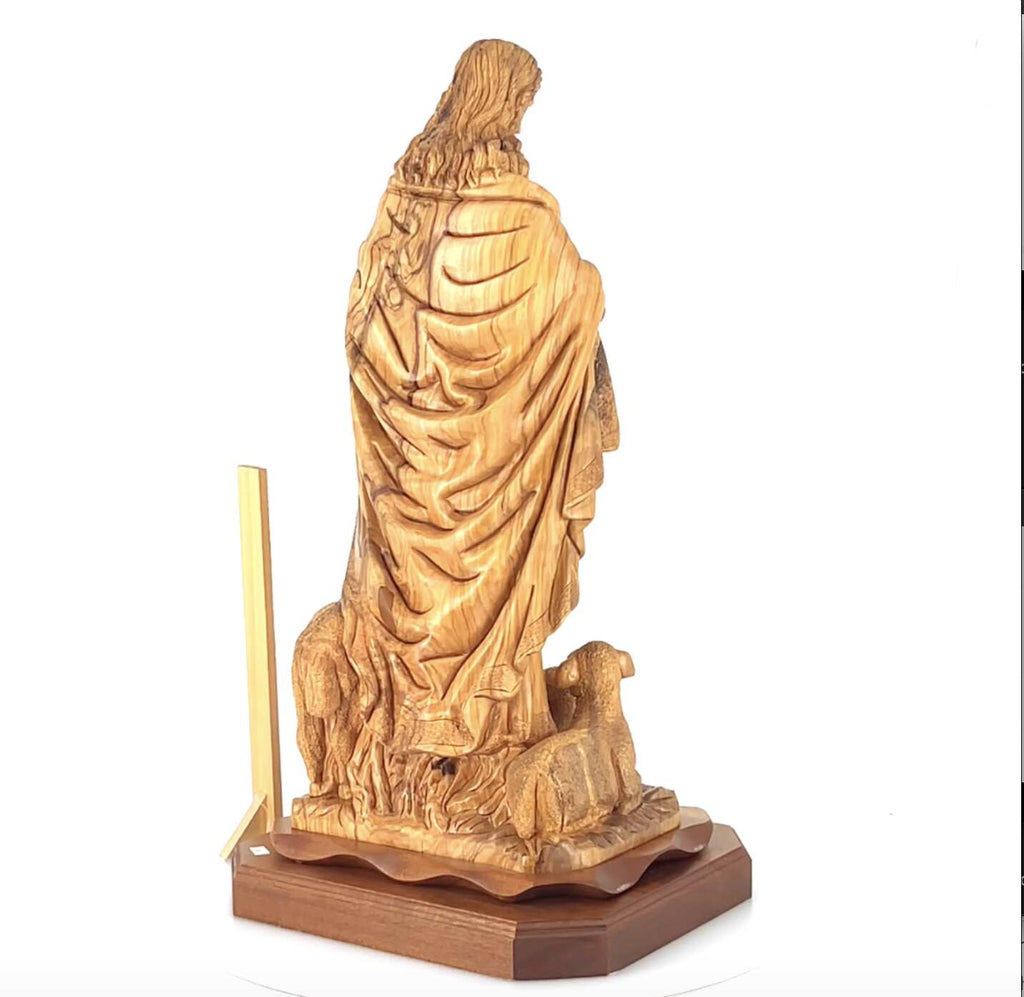 Good Shepherd statue hand carved from Bethlehem olive wood, 26 inch detail of the carved figure