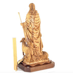 Good Shepherd statue hand carved from Bethlehem olive wood, 26 inch scale reference view