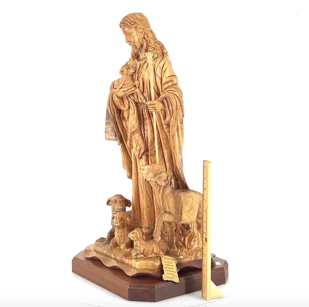 Good Shepherd statue hand carved from Bethlehem olive wood, 26 inch top angle showing detail of the craftsmanship