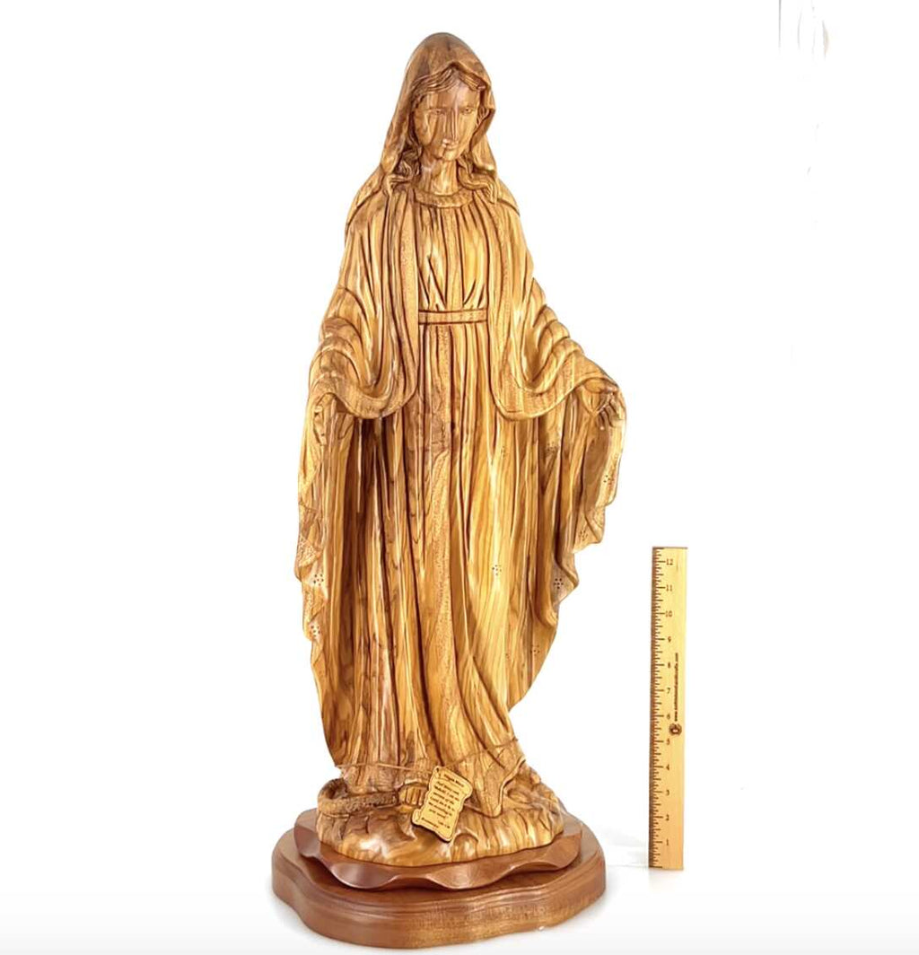 Our Lady of the Grace, Virgin Mary Masterpiece, 31.5" Olive Wood Carved Sculpture from the Holy Land