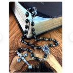 Car Rear View Mirror Rosary with Holy Land Soil, Black Beads