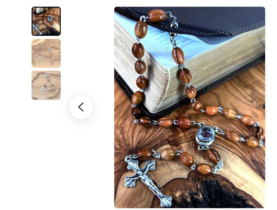 Car mirror olive wood rosary from Bethlehem Holy Land, side angle of the olive wood sculpture