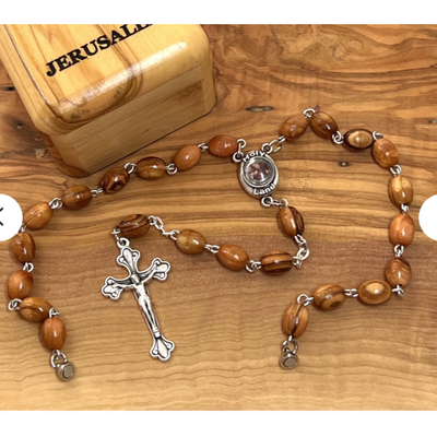 Car Rear View Mirror Rosary with Holy Land Soil, Olive Wood Beads