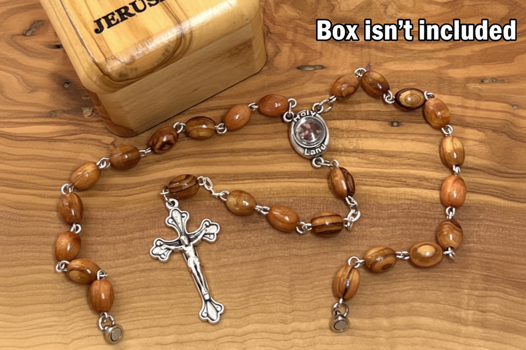 Car mirror olive wood rosary from Bethlehem Holy Land, front view of the olive wood masterpiece