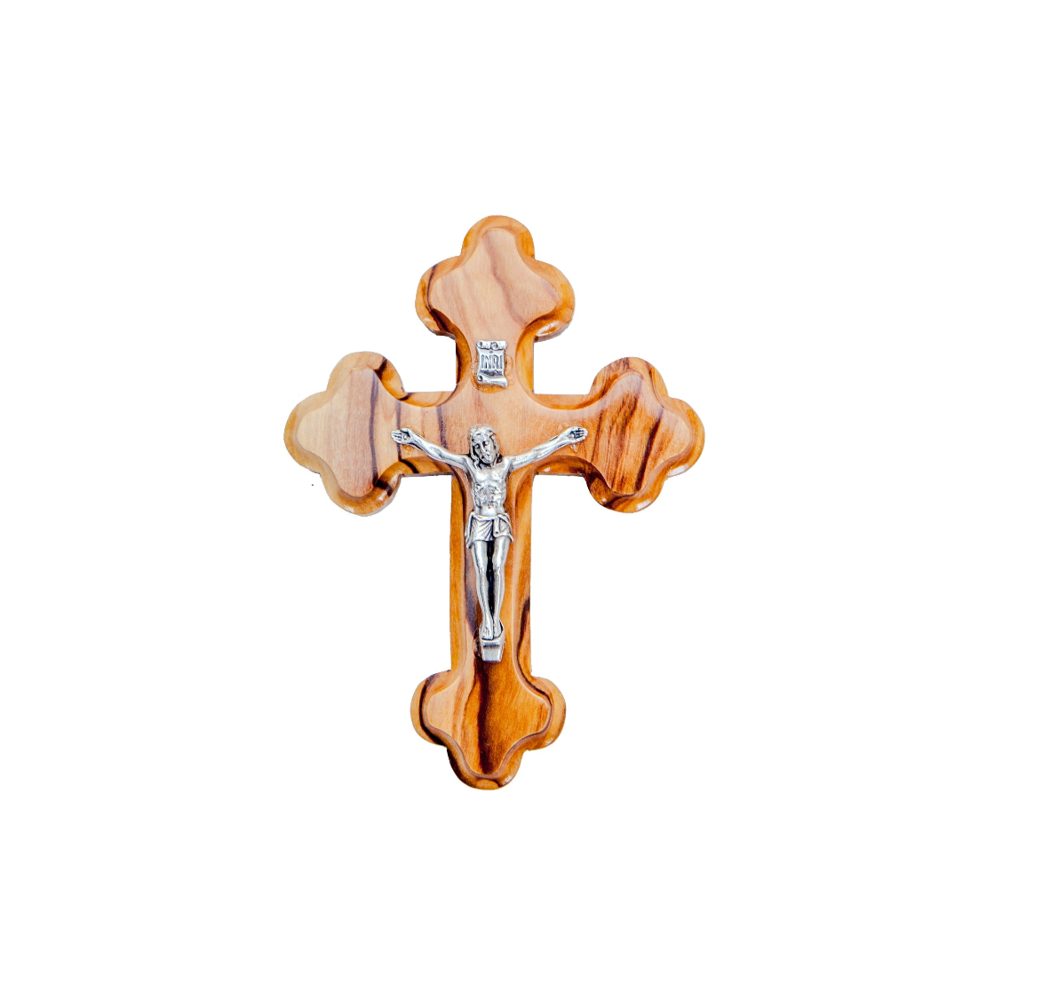 Olive wood crucifix hand carved in Bethlehem, 3.9 inch front view of the olive wood masterpiece